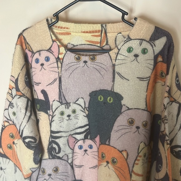 Cozy Cat Patterned Wool & Cotton blend Sweater - Multicolor size XXL - Picture 2 of 7